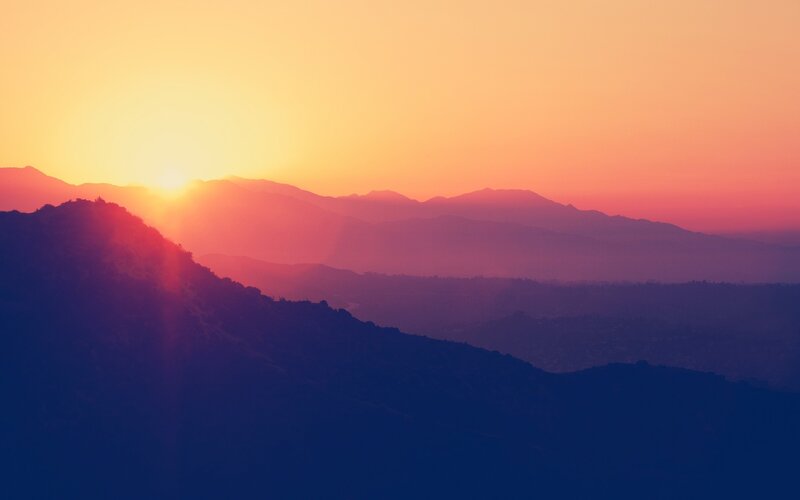 Mountain Range at Sunset — Orange, Serene, Photograph, Sun, Sky, Hills
