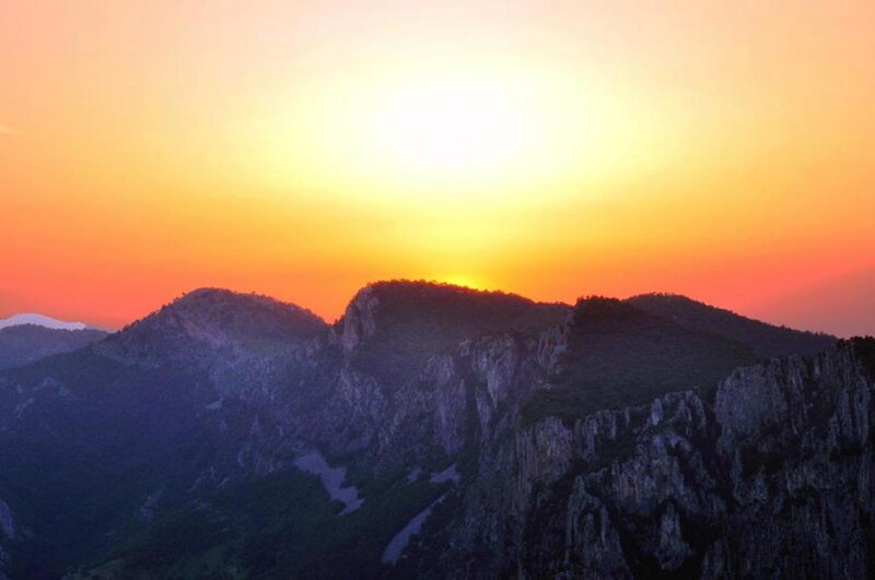 Mountain Range at Sunset — Orange, Serene, Photograph, Sun, Sky, Trees