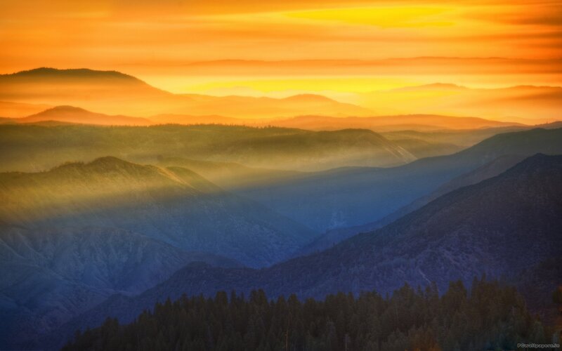 Mountain Range at Sunset — Orange, Serene, Photograph, Sunrise, Fog