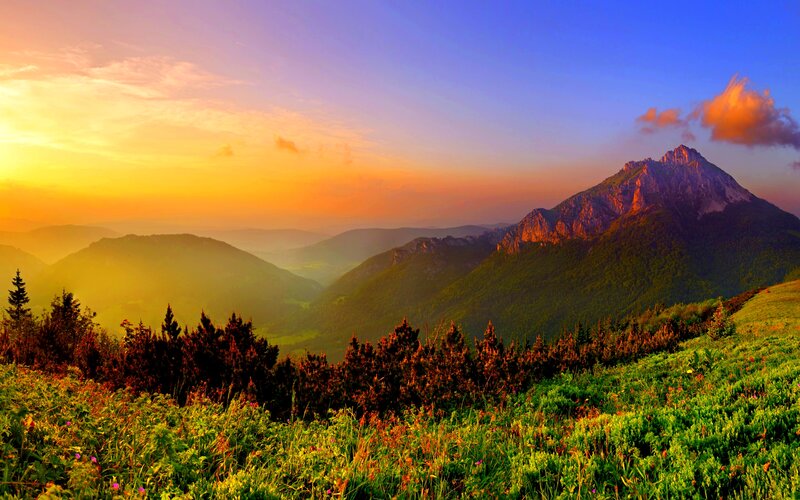 Mountain Range at Sunset — Orange, Serene, Photograph, Sunrise
