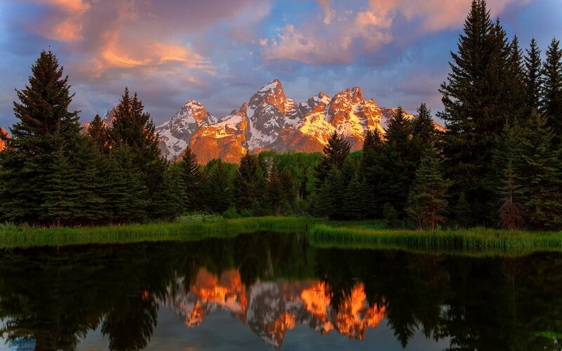 Mountain Range at Sunset — Orange, Serene, Photograph, Trees, Lake, Clouds