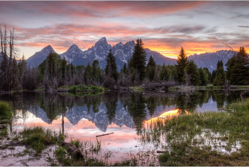 Mountain Range at Sunset — Orange, Serene, Photograph, Trees, Lake