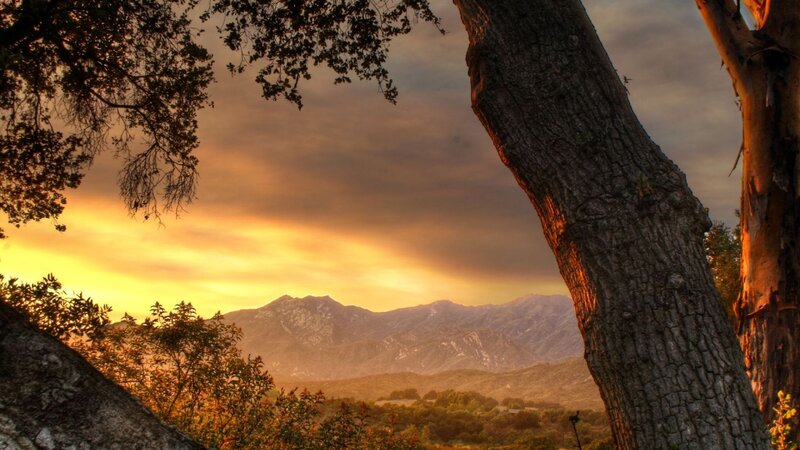 Mountain Range at Sunset — Orange, Serene, Photograph, Trees, Sky, Mountains