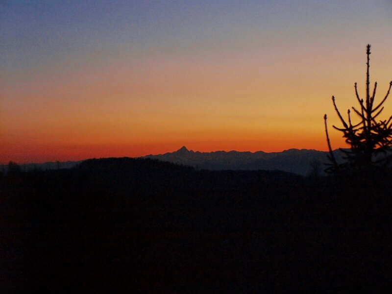 Mountain Range at Sunset — Orange, Serene, Photograph, Trees, Sky