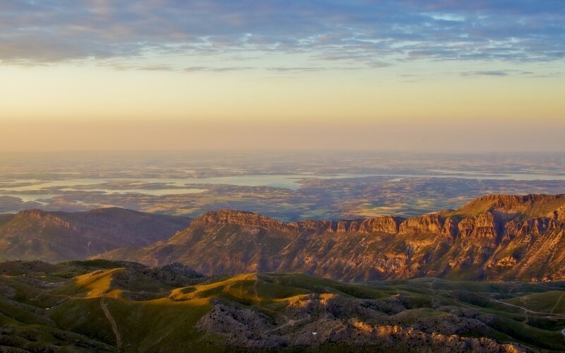 Mountain Range at Sunset — Orange, Serene, Photograph, Valley, Lake