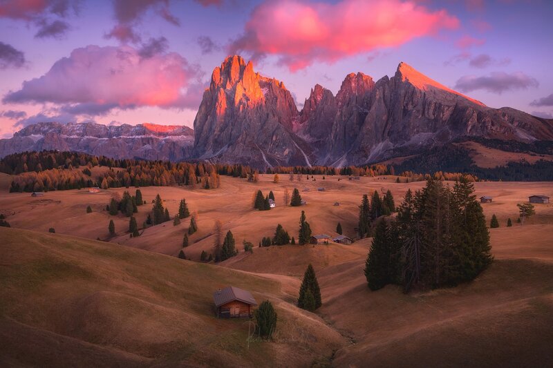 Mountain Range at Sunset — Pink, Dramatic, Photograph, Hills