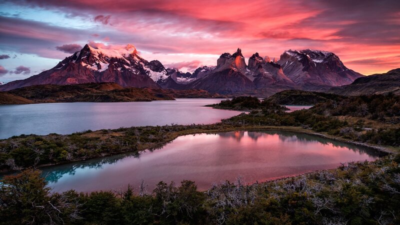 Mountain Range at Sunset — Pink, Dramatic, Photograph, Lake