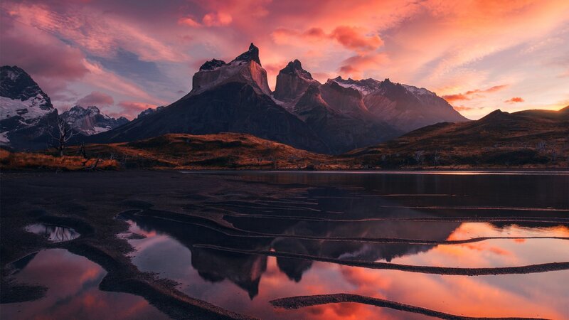 Mountain Range at Sunset — Pink, Dramatic, Photograph, Sky, Lake