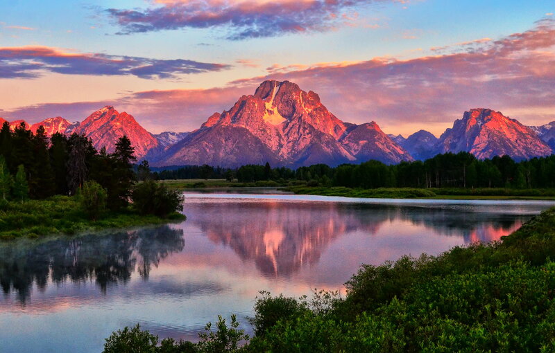 Mountain Range at Sunset — Pink, Serene, Photograph, Lake