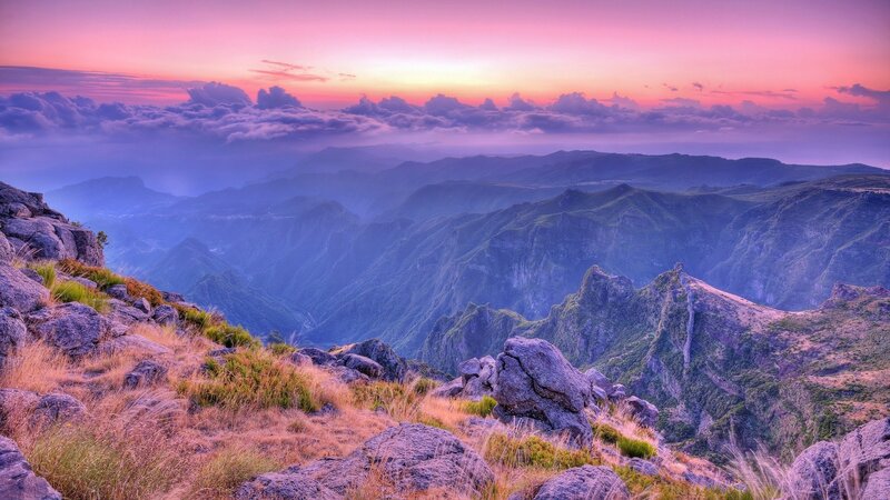 Mountain Range at Sunset — Pink, Serene, Photograph, Rocks