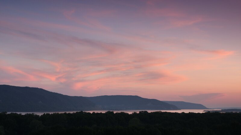 Mountain Range at Sunset — Pink, Serene, Photograph, Sky, River