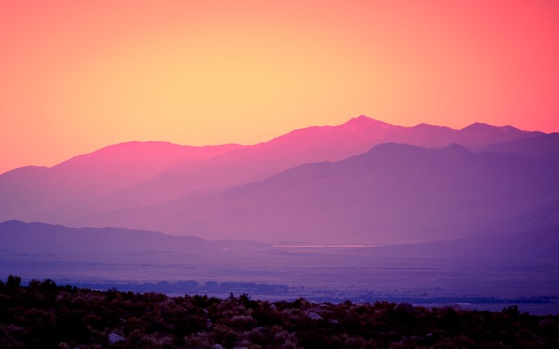 Mountain Range at Sunset — Pink, Serene, Photograph, Sky, Valley, Vegetation