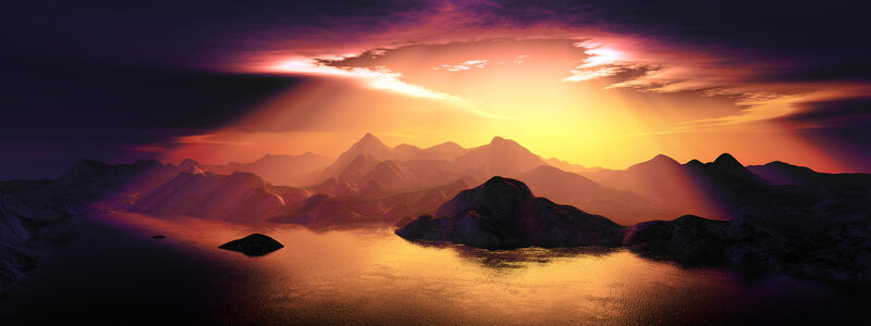 Mountain Range at Sunset — Purple, Dramatic, Digital Art, Mountains, Lake
