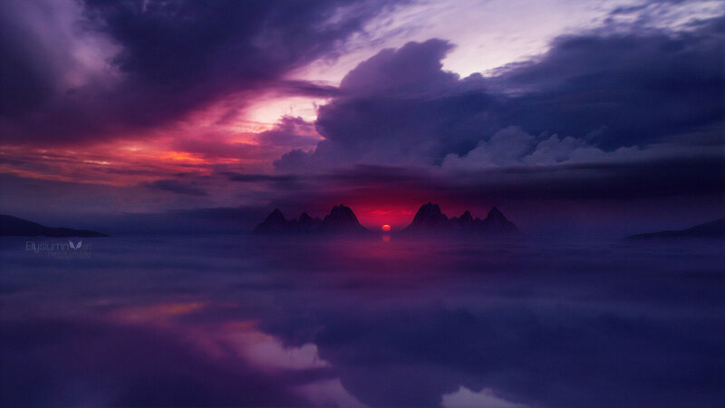 Mountain Range at Sunset — Purple, Dramatic, Digital Art, Sun, Clouds