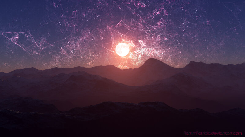Mountain Range at Sunset — Purple, Dramatic, Digital Art, Sun