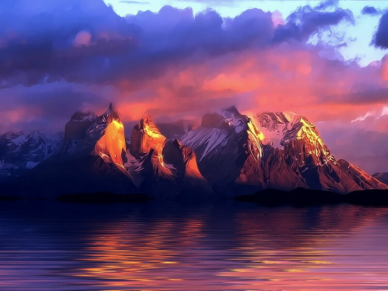 Mountain Range at Sunset — Purple, Dramatic, Digital Art