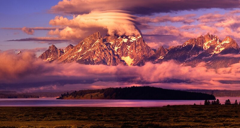 Mountain Range at Sunset — Purple, Dramatic, Photograph, Clouds, Lake, Forest