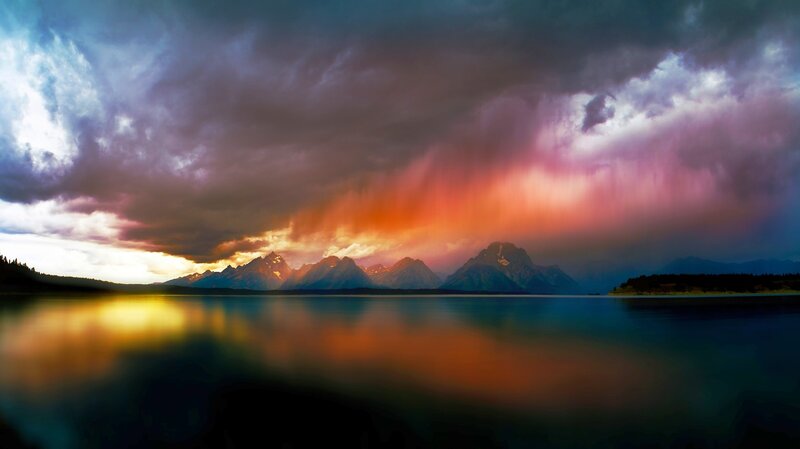 Mountain Range at Sunset — Purple, Dramatic, Photograph, Clouds, Lake