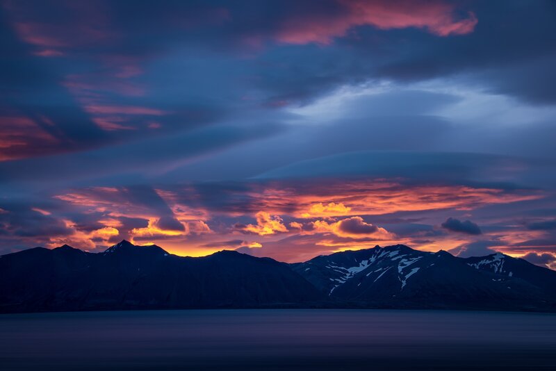 Mountain Range at Sunset — Purple, Dramatic, Photograph, Clouds, Sky