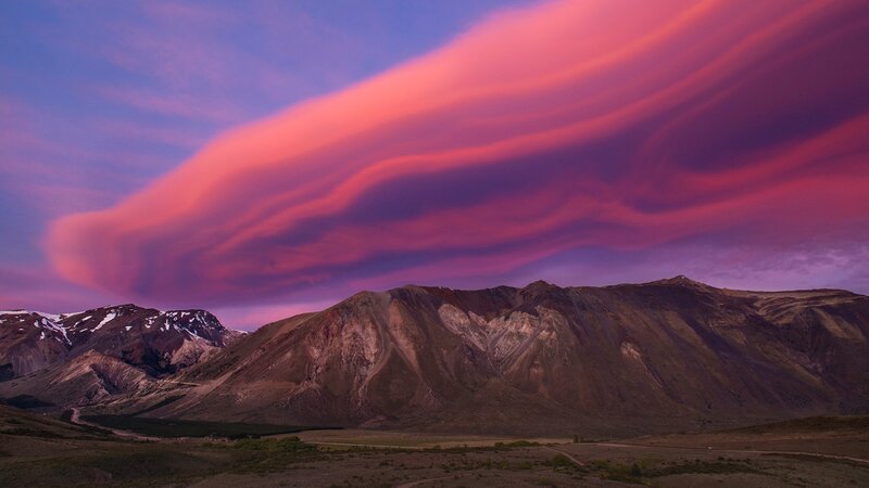 Mountain Range at Sunset — Purple, Dramatic, Photograph, Clouds, Snow