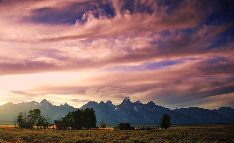 Mountain Range at Sunset — Purple, Dramatic, Photograph, Farmhouse