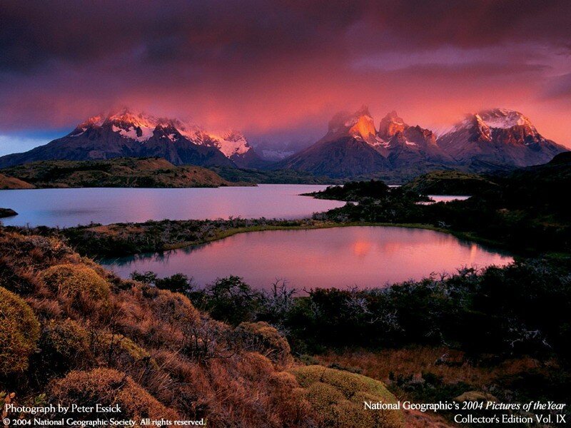 Mountain Range at Sunset — Purple, Dramatic, Photograph, Lake, Sky
