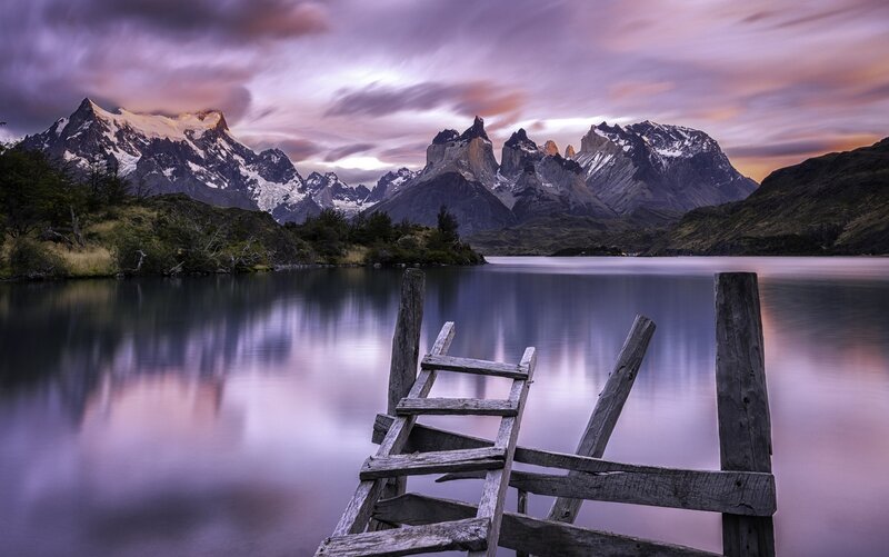 Mountain Range at Sunset — Purple, Dramatic, Photograph, Lake