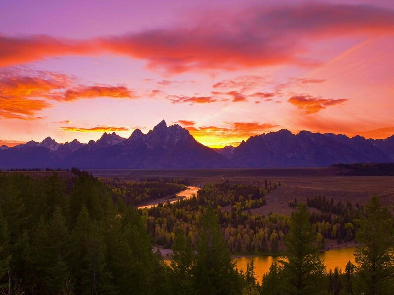 Mountain Range at Sunset — Purple, Dramatic, Photograph, River