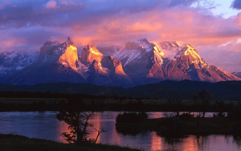 Mountain Range at Sunset — Purple, Dramatic, Photograph, River, Trees
