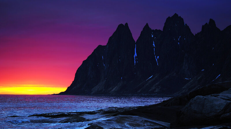 Mountain Range at Sunset — Purple, Dramatic, Photograph, Sea
