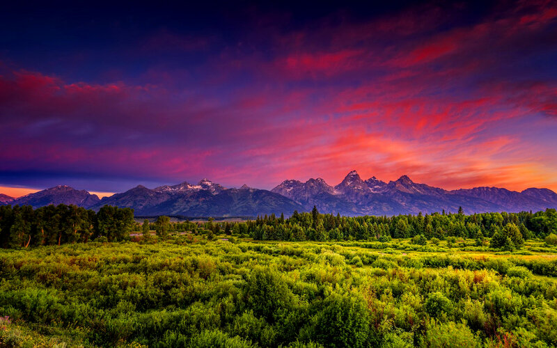 Mountain Range at Sunset — Purple, Dramatic, Photograph, Sky, Trees