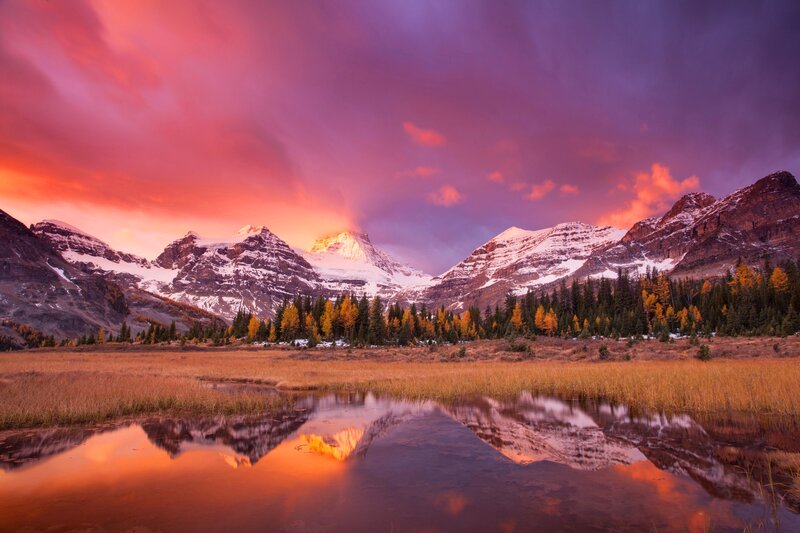Mountain Range at Sunset — Purple, Dramatic, Photograph, Snow-capped Peaks