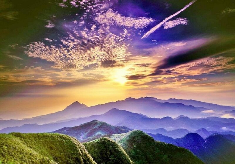 Mountain Range at Sunset — Purple, Dramatic, Photograph, Sun, Clouds