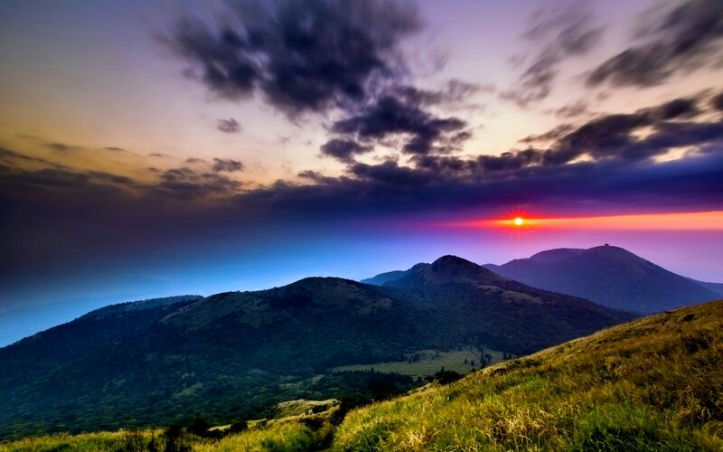 Mountain Range at Sunset — Purple, Dramatic, Photograph, Sun