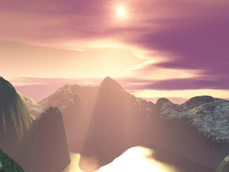Mountain Range at Sunset — Purple, Serene, 3d Render, Sun