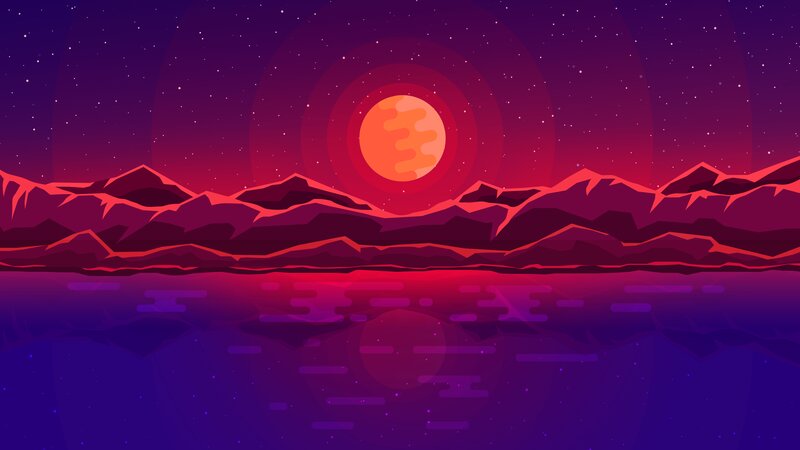 Mountain Range at Sunset — Purple, Serene, Digital Art, Sun, Stars