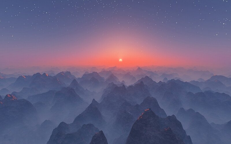 Mountain Range at Sunset — Purple, Serene, Digital Art