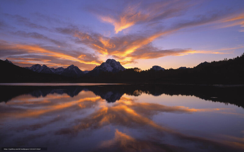 Mountain Range at Sunset — Purple, Serene, Photograph, Lake, Clouds