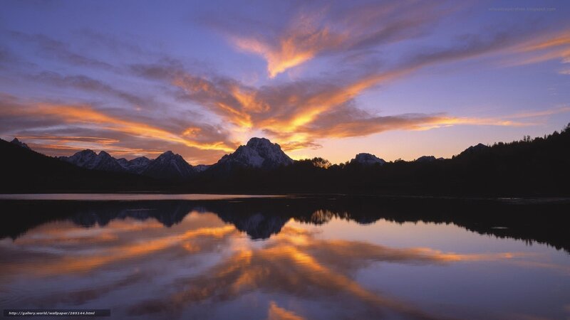 Mountain Range at Sunset — Purple, Serene, Photograph, Lake, Clouds, Trees