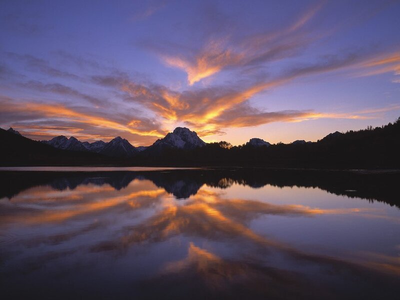 Mountain Range at Sunset — Purple, Serene, Photograph, Lake