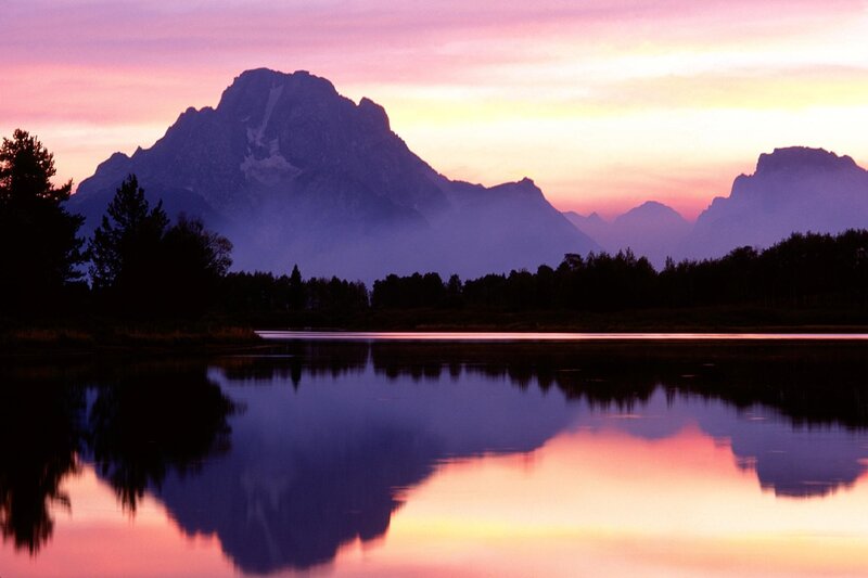 Mountain Range at Sunset — Purple, Serene, Photograph, Lake, Trees, Sky, Pink, Orange