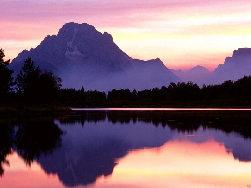 Mountain Range at Sunset — Purple, Serene, Photograph, Lake, Trees, Sky, Pink