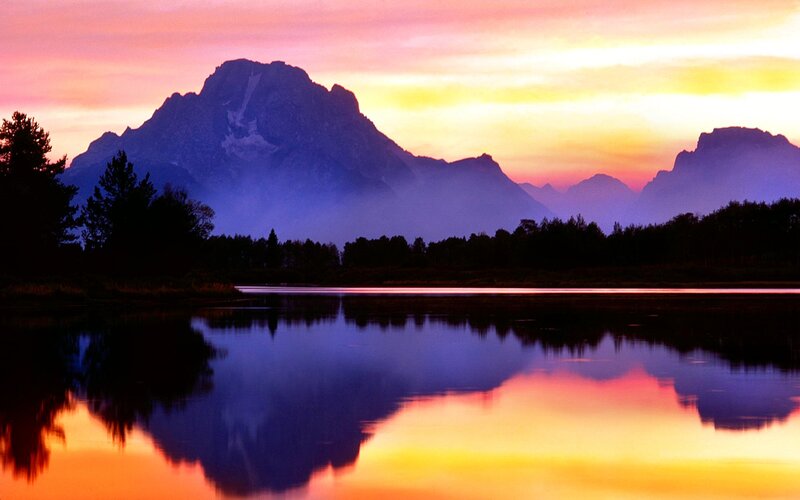 Mountain Range at Sunset — Purple, Serene, Photograph, Lake, Trees