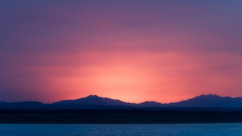 Mountain Range at Sunset — Purple, Serene, Photograph, Mountains, Sky, Water
