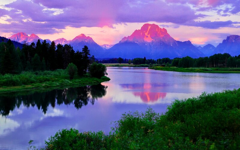 Mountain Range at Sunset — Purple, Serene, Photograph, River