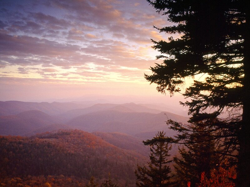 Mountain Range at Sunset — Purple, Serene, Photograph, Trees