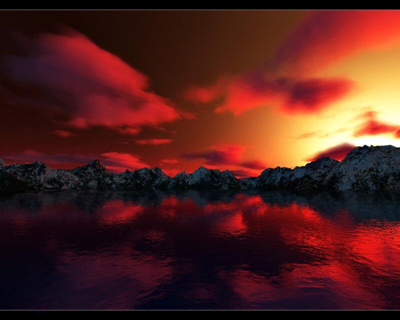 Mountain Range at Sunset — Red, Dramatic, Digital Art, Mountains