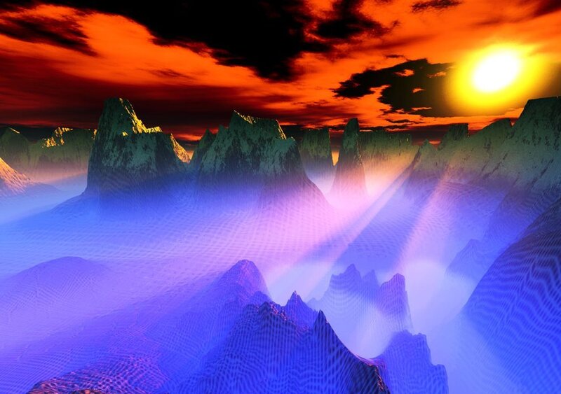 Mountain Range at Sunset — Red, Dramatic, Digital Art, Sun, Clouds