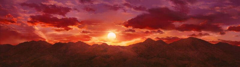 Mountain Range at Sunset — Red, Dramatic, Digital Art, Sun