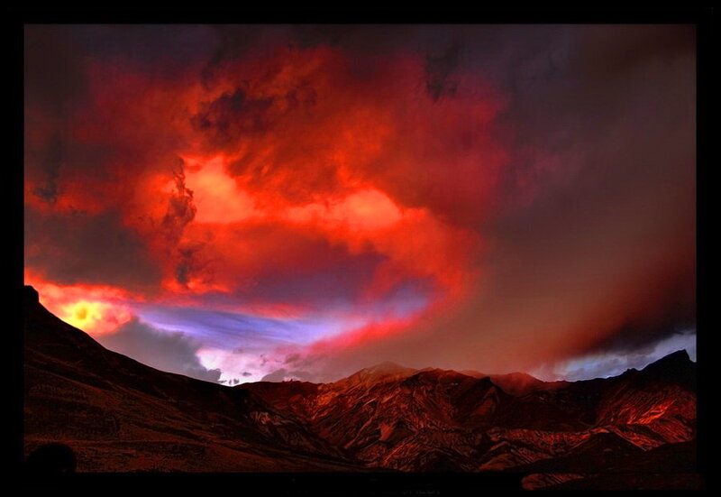 Mountain Range at Sunset — Red, Dramatic, Photograph, Clouds, Sky